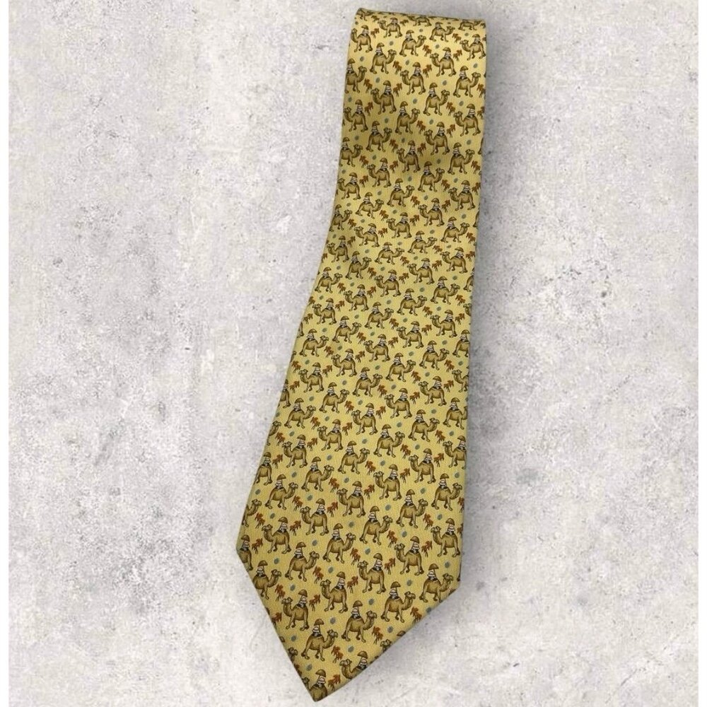 SALVATORE FERRAGAMO Silk Tie ITALY Yellow Camel W:3.7" EUC